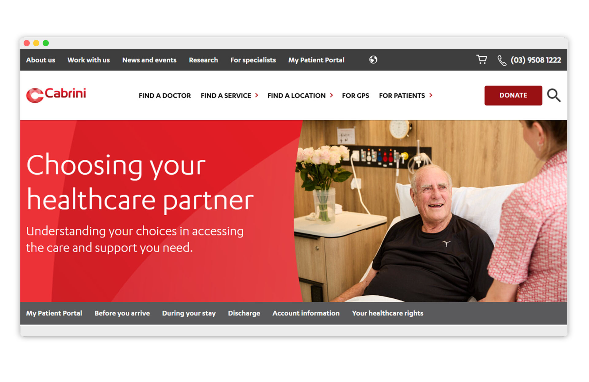 Case study image of destination website for Cabrini health service marketing campaign