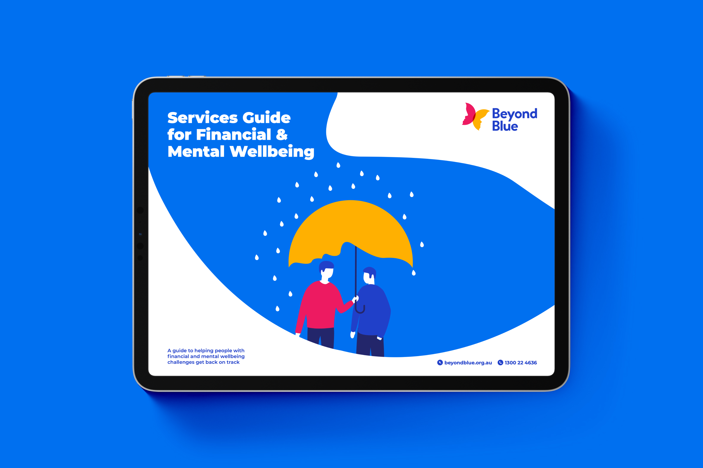 An iPad displaying the front cover of the Beyond Blue Mental Wellbeing Guide.