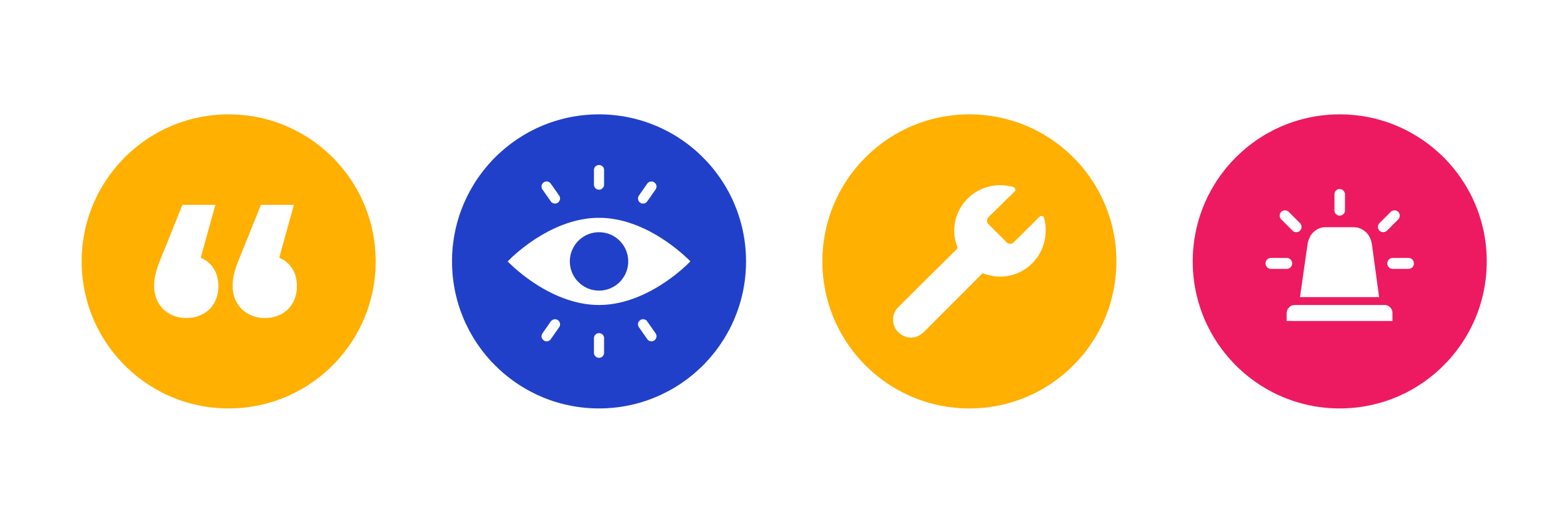 Four icons used in the Beyond Blue Mental Wellbeing Guide: quotation marks, an eye, a spanner and a warning light.